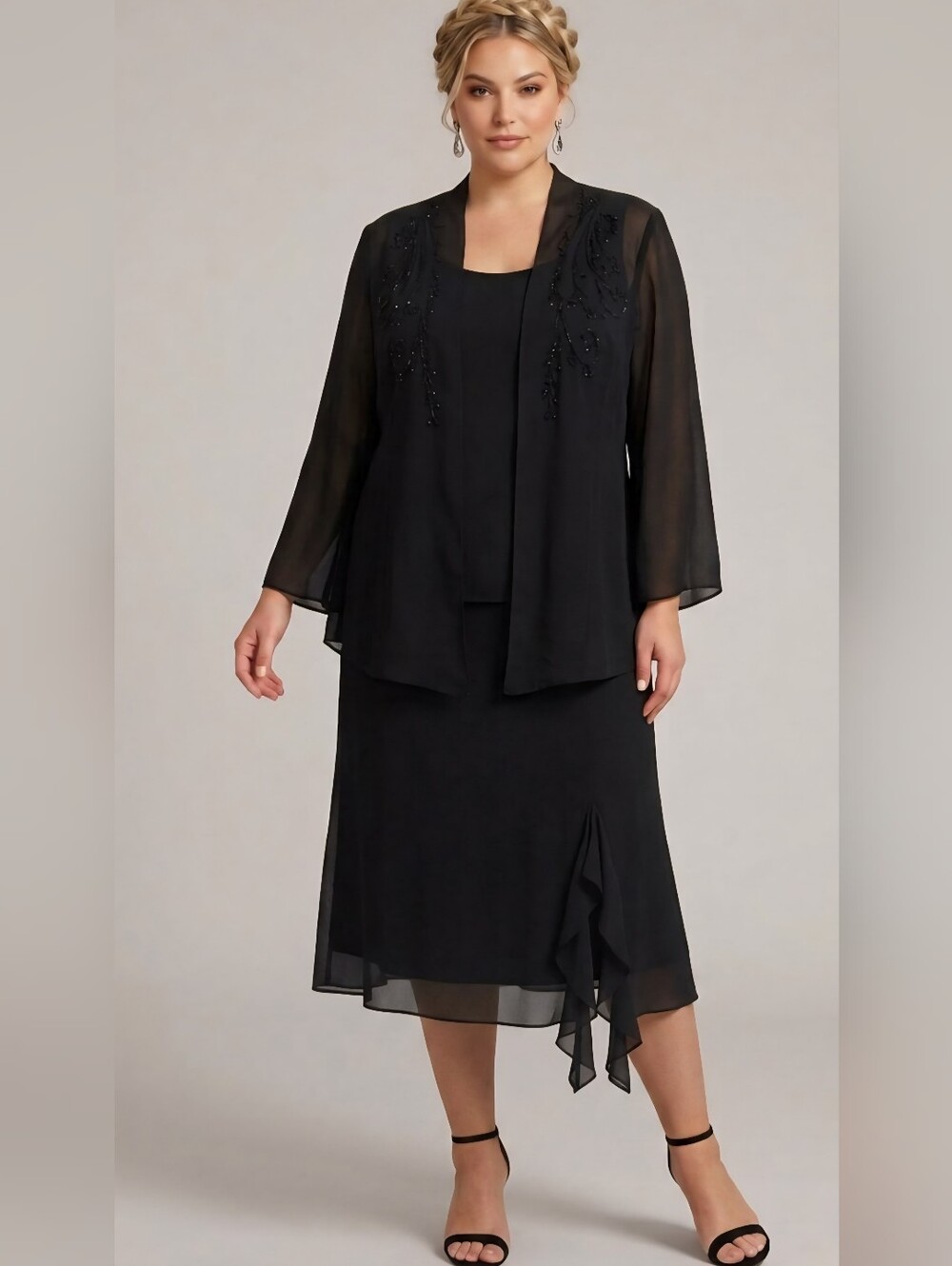 Formal Black Bead Embellished Maxi Dress with Sheer Embellished Jacket